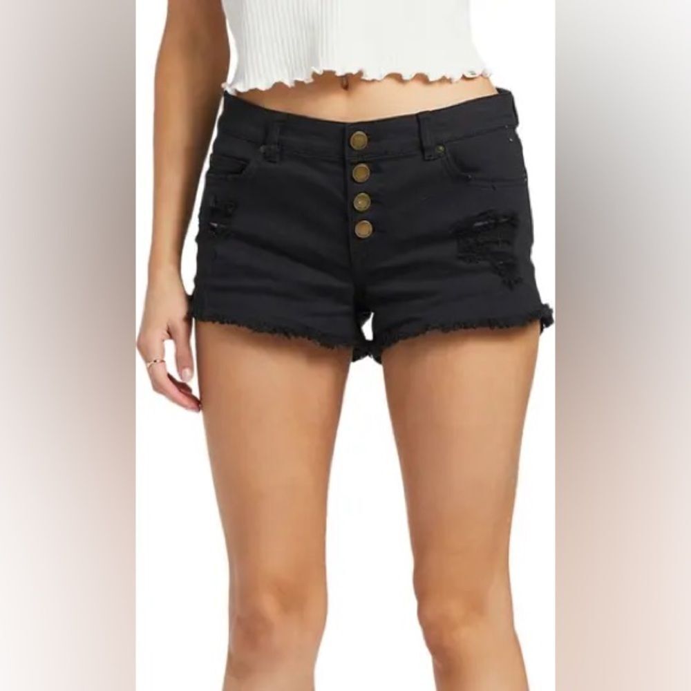 NEW Billabong Button Up Denim Shorts Black High-Waist Distressed Jean Shorts 28